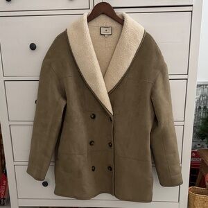 Women's Tan Double-Breasted Coat with Cream Collar